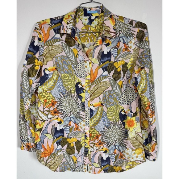 J. McLaughlin Tops - J. McLaughlin Tropical Toucan Long Sleeve Button Up Shirt Sz M Stretch Coastal